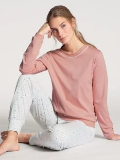 Calida Sweet Dreams Bündchen-Pyjama -CALIDA-Shop Calida Sweet Dreams Pyjama langarm mit Buendchen Rundhals rosa weiss 40536 251 2
